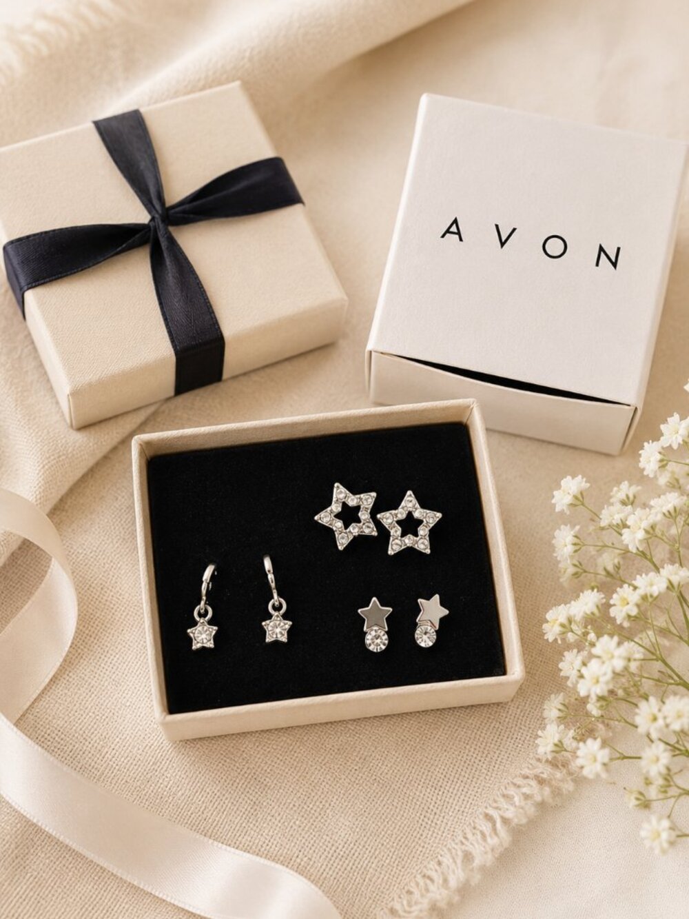 Avon Set of 3 Silver Tone Rhinestone Star Earrings NIB